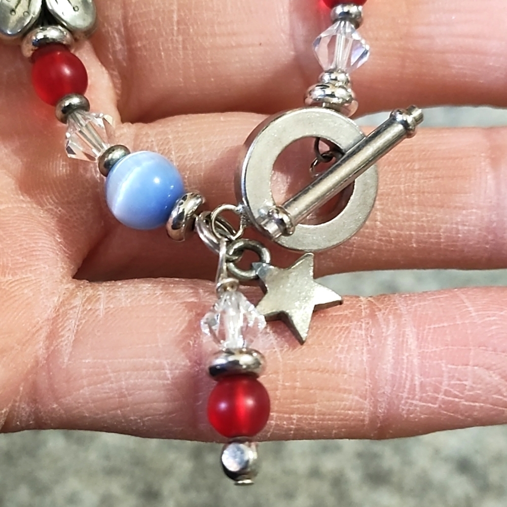 VINTAGE SILVER-TONE FLOWER BEADED DANGLING TOGGLE CLASP 6.5" BRACELET - Picture 6 of 9